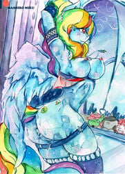 absurd_res anthro anus ass breasts equid equine female friendship_is_magic group hi_res horn horse mammal mashiromiku mostly_nude my_little_pony nipples painting_(artwork) pony pterippus pussy rainbow_dash_(mlp) solo_focus straight_hair traditional_media_(artwork) unicorn watercolor_(artwork) wings