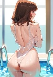 2d ai_generated back_view big_ass big_breasts brown_eyes brown_hair i"s indoors one_piece_swimsuit pool swimsuit tagme wet wet_body wet_clothes white_swimsuit yoshizuki_iori