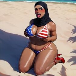 ahe_gao ahegao_face ai_generated american_flag_bikini arabian arabian_female ass bbw bbw_mom big_ass big_breasts blush breasts civitai cumslut dark-skinned_female dumptruck_ass fat_ass female hijab huge_ass kneeling mandaballs mature_female milf mommy open_mouth patriotic_clothing showing_off showing_off_breasts squatting younger_male