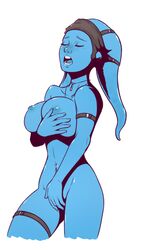 alenya_hirani alien blue_skin breast_squeeze breasts dave_cheung female freckles masturbation navel_piercing solo star_wars star_wars_legends twi'lek white_background