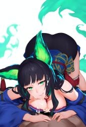 after_paizuri ai_generated another_eden big_ass big_breasts black_hair cum_on_breasts cum_on_face cum_on_hair fox_ears fox_girl green_eyes hozuki_(another_eden) kimono nai_diffusion paizuri wide_hips