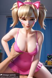 ai_generated big_breasts black_cat_d.va blonde_hair breast_grab brown_eyes cat_ears d.va mommy nightgown omega-weirdo overwatch overwatch_2 patreon smile straddling twintails whiskers