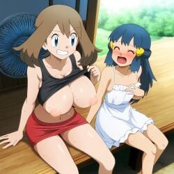 2024 2girls ai_art ai_generated areolae big_breasts blue_eyes blue_hair blush brown_hair cleavage dawn_(pokemon) female female_only gamefreak grin highres huge_breasts human large_breasts may_(pokemon) mayday_(artist) nintendo nipples pokemon pokemon_(anime) shirt_lift sundress tank_top