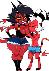 1boy 1boy1girl 1girl1boy 1girls 2demons ai_generated alternate_breast_size black_hair boxers breastfeeding bulge cleavage daisy_dukes demon demon_boy demon_girl demon_horns demon_tail demoness demons erection female grabbing_breasts helluva_boss highres horns imp lactating lactation large_breasts milk millie_(helluva_boss) moxxie_(helluva_boss) nai_diffusion penis_bulge red_skin rubycks tagme tank_top thick_thighs vivienne_medrano vivziepop white_background white_hair yellow_eyes