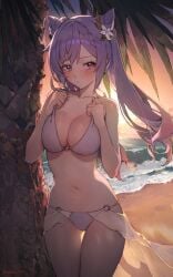 bare_arms bare_belly bare_legs bare_shoulders bare_thighs beach belly_button big_breasts bikini blush braid breasts cleavage closed_mouth collarbone cone_hair_bun double_bun earrings embarrassed female flowers genshin_impact hair_bun hair_ornament keqing_(genshin_impact) long_hair o-ring_bikini ocean outdoors purple_bikini purple_eyes sarong sooon sunset swimsuit thighs twintails water