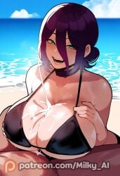 1boy 1girls ai_generated beach big_breasts bikini chainsaw_man chocker cum cum_on_breasts ejaculation ejaculation_between_breasts green_eyes hair_bun hi_res kneeling milky_ai naughty_face paizuri penis_between_breasts portrait purple_hair reze_(chainsaw_man) thiccwithaq_(ai_style) thick_thighs wet