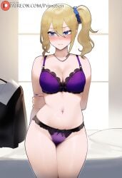 ai_generated blonde_hair blue_eyes bra breasts embarrassed hair_between_eyes hands_behind_back hayasaka_ai kaguya-sama_wa_kokurasetai_~tensai-tachi_no_renai_zunousen~ panties primosan purple_bra purple_panties side_ponytail standing