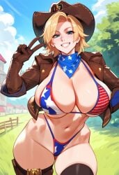 2d ai_generated american_flag_bikini big_breasts bikini blonde_hair blue_eyes cowboy_hat dead_or_alive gloves highleg open_vest outdoors smile solo solo_female solo_focus tagme tina_armstrong vest