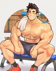 balls bara big_penis blush bulge flaccid kingdom_velvet lucas_(pokemon) male male_only muscles muscular muscular_male nintendo penis pokemon shirtless sitting solo solo_male sweat sweating