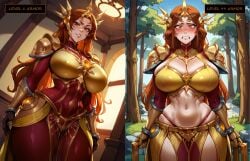 ai_generated armor before_and_after bikini blush breasts brinkai cleavage clenched_teeth embarrassed english_text full-face_blush g-string huge_breasts league_of_legends leona_(league_of_legends) level_number rpg skindentation thick_thighs wide_hips