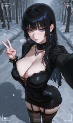 1girls ai_generated big_ass big_breasts black_hair blue_eyes full_lips goth goth_girl original_character outdoors snow spiked_bracelet spiked_collar straight_hair