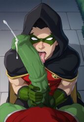 ai_generated beast_boy blowjob damian_wayne dc dc_comics gay holding_penis horsecock male male/male male_only robin_(damian_wayne) robin_(dc) teen_titans