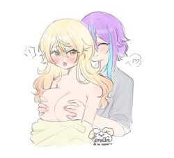 2girls blonde_hair grabbing_breasts grabbing_breasts_from_behind kamishiro_rui o_face open_mouth project_sekai purple_hair tenma_tsukasa yuri