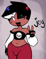 1boy black_hair dark-skinned_femboy dark-skinned_male femboy fingerless_gloves gloves happy heart heart-shaped_mole heart_symbol jjoyplus joy_(jjoyplus) mole mole_under_eye one_eye_closed open_mouth penis_outline red_eyes short_hair simple_drawing solo_male stormtm tongue v_sign white_eyes white_hair wide_hips wink winking winking_at_viewer