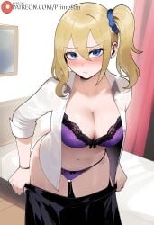 ai_generated blonde_hair blue_eyes bra breasts embarrassed hair_between_eyes hayasaka_ai kaguya-sama_wa_kokurasetai_~tensai-tachi_no_renai_zunousen~ leaning_forward looking_at_viewer navel panties primosan school_uniform side_ponytail skirt_pull unbuttoned_shirt undressing