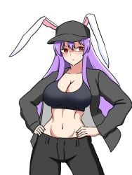 1girls big_breasts breasts bunny_ears bunny_girl cap cleavage clothed_female curvy curvy_female ehehe52921343 hat jacket light-skinned_female long_hair open_jacket purple_hair red_eyes reisen_udongein_inaba solo solo_female sports_bra touhou white_background