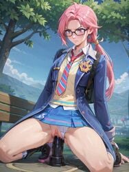 ai_assisted ai_generated blush coat dildo dildo_riding female glasses layered_clothes long_hair long_sleeves mobile_legends pink_hair pleated_skirt purple_eyes sailencer school_uniform shy silvanna_(mobile_legends) squatting_position tie tied_hair white_skin