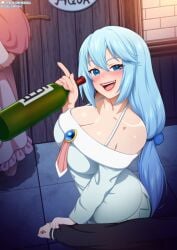 1boy 1boy1girl 1girls aqua_(konosuba) aqua_hair big_breasts blue_eyes breasts cleavage darkness_(konosuba) female human kono_subarashii_sekai_ni_shukufuku_wo! light_blue_hair long_hair looking_at_viewer male male/female male_pov megumin neocoill offscreen_character open_mouth pov satou_kazuma very_long_hair wine_bottle