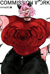 1girls big_breasts breasts commission female female_focus female_only glasses huge_breasts massive_breasts muscular muscular_female pink_hair rrrroch1 shark_teeth sharp_teeth smile solo thick_thighs tongue tongue_out