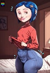 ai_generated big_ass blue_hair bottom_heavy brown_eyes bubble_butt coraline coraline_jones cute_face freckles jeans jiggling_ass red_sweater repartz small_breasts small_waist smug_face thick_thighs tight_clothing