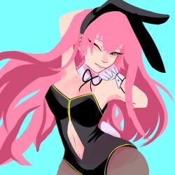 artist_signature artist_upload beauty_mark blue_eyes body_hair bunnysuit digital_drawing_(artwork) drawing female female_only mature_female mature_woman megurine_luka no_nudity no_sex pink_hair pinup png pubic_hair sea_food777 sole_female suggestive vocaloid