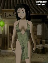 1girls avatar_legends avatar_the_last_airbender cheongsam jin_(avatar) night no_panties outdoors sauvdraws see-through_dress solo_female solo_focus thigh_cutout visible_nipples visible_pussy