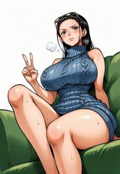 1girls ai_generated alluring almost_naked almost_nude black_hair blue_eyes blush eyewear_on_head female female_only looking_at_viewer nico_robin one_piece peace_sign seducing seduction seductive seductive_body seductive_eyes seductive_gaze seductive_look seductive_mouth seductive_pose shiny_hair shiny_skin sitting sitting_on_couch solo solo_female steamy_breath sunglasses sweat sweatdrop sweating sweaty sweaty_body v virgin_killer_sweater voluptuous voluptuous_female yashin