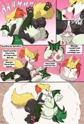 2024 absurd_res anthro areola ass big_breasts big_butt biped black_body black_nose bodily_fluids breasts cheek_tuft comic cuddling delphox dialogue digitigrade duo eyebrows facial_tuft female female/female fluffy fluffy_tail fuf generation_6_pokemon generation_9_pokemon genital_fluids genitals green_body half-closed_eyes heart_symbol hi_res inner_ear_fluff inside kissing lesbian lesbian_sex looking_at_another looking_at_partner looking_pleasured lying meowscarada multicolored_body narrowed_eyes nintendo nipples nude on_side open_mouth pokemon pokemon_(species) pussy sex speech_bubble tail teeth thick_thighs tongue tribadism tuft two_tone_body vaginal_fluids vaginal_penetration white_body yuri