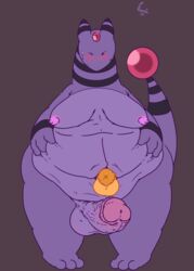 2boys alternate_color ampharos belly bellyjob big_belly blush bodily_fluids chubby erection gay genital_fluids glans hi_res humanoid_penis male navel navel_penetration nintendo obese original_character overweight penetration penis pokémon_(species) pokemon pokemon_(species) pokemon_gsc purple_skin solo sweat testicles text thaasteo thick_thighs video_games watermark yaoi