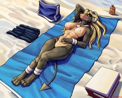 1girls abs absurd_res anthro beach breasts female greasymojo hi_res horn houndoom lying nintendo nipples nude on_back original_character outside pokémon_(species) pokemon pokemon_(species) pokemon_gsc pussy seaside smile solo suntan tan_line towel video_games wide_hips