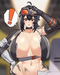 animated bare_shoulders big_breasts black_gloves black_hair black_sports_bra bouncing_breasts breasts chocker dirty dirty_body female female_only fingerless_gloves gigantic_breasts gloves goggles goggles_on_head grace_howard huge_breasts imjustthatkinky large_breasts midriff mihoyo miruyuyo navel orange_eyes pale-skinned_female pale_skin shorter_than_10_seconds sound sports_bra surprised sweat sweaty sweaty_body tagme thick_hips thick_thighs thighs vertical_video video wardrobe_malfunction zenless_zone_zero