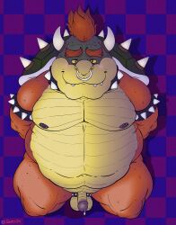 1boy 1male 2024 alternate_version_available anthro anthro_only arms_behind_back bara bedroom_eyes belly_button big_balls big_belly big_glans big_thighs bowser checkered_background chubby_male circumcised cock_ring collar digital_drawing_(artwork) digital_media_(artwork) erect_nipples erect_penis erection from_above front_view ginger green_head horns koopa male male_only mario_(series) moobs navel nintendo non-human non-human_only non-mammal_balls non-mammal_breasts nose_piercing obese obese_male orange_body overweight overweight_male pierced_nipples piercing pose posing precum purple_glans purple_nipples red_eyes red_hair reptile scalie scalie_only shell simple_background sitting_on_knees small_penis smile smiling_at_viewer solo spiked_bracelet spiked_collar spiked_hair spiked_shell stocky submissive_male super_mario_bros. thick_thighs turtle yellow_sclera