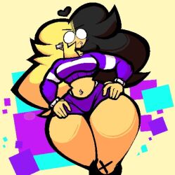 1boy andrew_(wonkytoons) gay huge_thighs long_hair looking_at_viewer purple_sweater sassy solo thighhighs wonky_toons