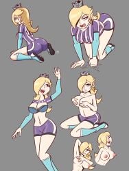 ass blonde_hair bra breasts cleavage crown earrings female female_only hair_over_one_eye large_breasts long_hair mario_(series) mario_strikers nanus2 navel nintendo nipples princess_rosalina shorts simple_background soccer_uniform topless