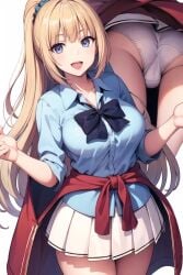 1girls ai_generated blonde_hair blue_eyes blue_ribbon blue_shirt busty_female classroom_of_the_elite hair_scrunchie karuizawa_kei looking_at_viewer ponytail schoolgirl upskirt white_panties white_skirt yoshi