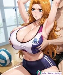 ai_generated altered_common_sense annoyed annoyed_expression big_eyes bleach breasts_bigger_than_head busty common_sense_change grabbing_breasts grabbing_breasts_from_behind groping gym gym_uniform huge_breasts long_hair massive_breasts matsumoto_rangiku neto_ai volleyball_uniform workout