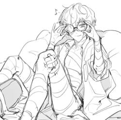 1boy bandage bandage_over_one_eye bandaged_chest bandages bsd bungo_stray_dogs bungou_stray_dogs dazai_osamu feminine_male flirting gauze glasses male male_focus male_only musical_note no_color osamu_dazai pillow relaxing round_glasses shirt_open skinny smile thin twink unbuttoned unbuttoned_shirt