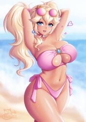 1girls alternate_version_available big_breasts bikini bikini_bottom bikini_top blonde_hair blue_eyes bottomwear breasts cleavage ear_piercing earrings female female_only fully_clothed hair hands_behind_head heart hips huge_breasts mario_(series) nintendo pink_bikini princess_peach revealing_clothes sevie side-tie_bikini skimpy_clothes solo solo_female sunglasses sunglasses_on_head swimwear tan tan_body tan_skin tanned tanned_skin thighs topwear twintails wide_hips