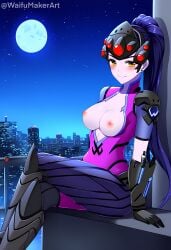 1girls ai_generated blush blush breasts breasts breasts_out eye_contact female female hi_res high_resolution highres large_breasts looking_at_viewer night nipples overwatch overwatch_2 sitting tits_out waifumakerart widowmaker