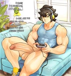 balls bara big_penis boner bottomless erection gijinka kingdom_velvet luxray male male_only muscles muscular muscular_male nintendo pantsless penis pokemon solo solo_male sweat sweating text