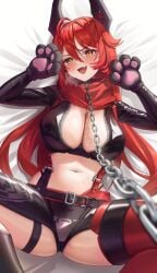 chain_leash chained cute_fang gluteal_fold goddess_of_victory:_nikke large_breasts leash lying_on_bed paw_gloves paw_pose red_hood_(nikke) smile spread_legs v-shaped_eyes