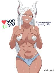 1girls 2d 2d_(artwork) 2d_artwork abs adult adult_female almost_naked almost_nude animal_ear_fluff animal_ears bare_arms bare_belly bare_chest bare_hands bare_legs bare_midriff bare_navel bare_shoulders bare_skin bare_thighs belly belly_button bewitching_thighs big_breasts boku_no_hero_academia breasts brown-eyed_female brown-skinned_female brown_eyes brown_skin brown_skinned_female bunny_girl busty busty_female busty_girl child_bearing_hips collarbone curvaceous curvaceous_body curvaceous_female curvaceous_figure curvaceous_hips curvy curvy_body curvy_female curvy_figure curvy_hips dark-skin dark-skinned_female dark_skin dark_skinned dark_skinned_female digital digital_art digital_drawing digital_drawing_(artwork) digital_media digital_media_(artwork) elbows exposed_arms exposed_belly exposed_chest exposed_legs exposed_midriff exposed_navel exposed_shoulders exposed_skin exposed_thighs female female_focus female_only fertile_hips fingers grin grinning grinning_at_viewer groin head_tilt heart_pasties high_resolution highres hourglass_figure inframammary_fold jean_shorts large_boobs large_breasts lean_figure long_hair looking_at_viewer martinpunk mature mature_female midriff mirko mostly_nude muscular muscular_female my_hero_academia naked naked_female naked_woman narrow_waist navel nearly_nude nipple_pasties nude nude_female nudity parted_bangs parted_lips pasties posing posing_for_the_viewer posing_naked posing_nude practically_nude rabbit_ears rabbit_girl shoulders simple_background slender_body slender_waist slim_waist smile smiley_face smiling smiling_at_viewer solo standing stomach thick_thighs thigh_gap thighs tilted_head upper_body white-haired_female white_background white_eyebrows white_hair white_pasties wide_hips