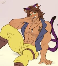 animal_ears animal_tail balls bara big_penis blush bulge clothing flaccid kingdom_velvet male male_only muscles muscular penis sitting solo solo_male tail