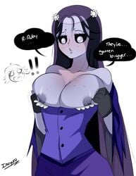 2girls artist_name artist_signature black_sclera breast_envy breasts breasts_out female_only inuyuru large_breasts misery_(ruby_gloom) nipples pulled_by_self purple_hair purple_skin ruby_gloom ruby_gloom_(franchise) solo_focus very_long_hair white_eyes