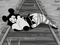 accidental_exposure animated areola_slip black_and_white bouncing_breasts cartoony duplicate helpless high_heels higher_resolution_available inferior_version joaoppereiraus monochrome nipple_slip rubberhose sally_mcboing text tied_up tied_up_(nonsexual) toon toony train_tracks