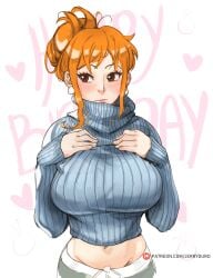 1girls big_breasts blush breasts episode_of_luffy female female_only jerrydurd nami one_piece orange_hair ribbed_sweater sweater turtleneck turtleneck_sweater