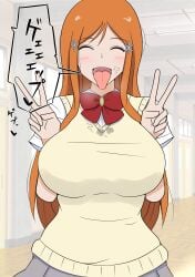 after_fellatio after_sex bleach breasts closed_eyes cum_in_mouth female female_pervert female_sub hair_ornament inoue_orihime large_breasts long_hair miniskirt open open_mouth orange_hair pervert school school_uniform sex skirt smile solo straight submission uniform v