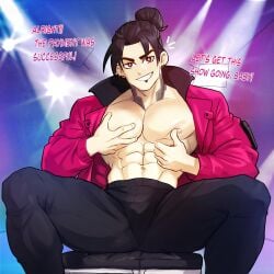 balls bara big_penis bulge cyberpunk_2077 flaccid kingdom_velvet male male_only muscles muscular penis sitting solo solo_male spread_legs text