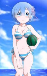 bikini blue_eyes blue_hair re:zero_kara_hajimeru_isekai_seikatsu rem_(re:zero) watermelon