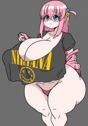 big_ass big_balls big_breasts big_thighs blue_eyes bocchi_the_rock! dumptruck_ass gotou_hitori hitori_bocchi hitoribocchi_no_marumaru_seikatsu huge_breasts inakotho japanese massive_breasts nirvana_(band) pale-skinned_female pink_hair simple_background simple_coloring simple_shading tagme thick_thighs wide_hips